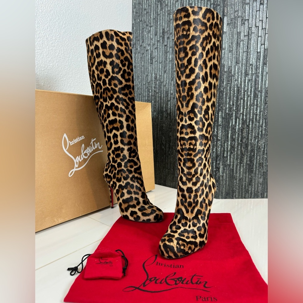 🐆Auth Christian Louboutin Fifi Botta 100 Leopard Pony 50S Knee Boots Size 36